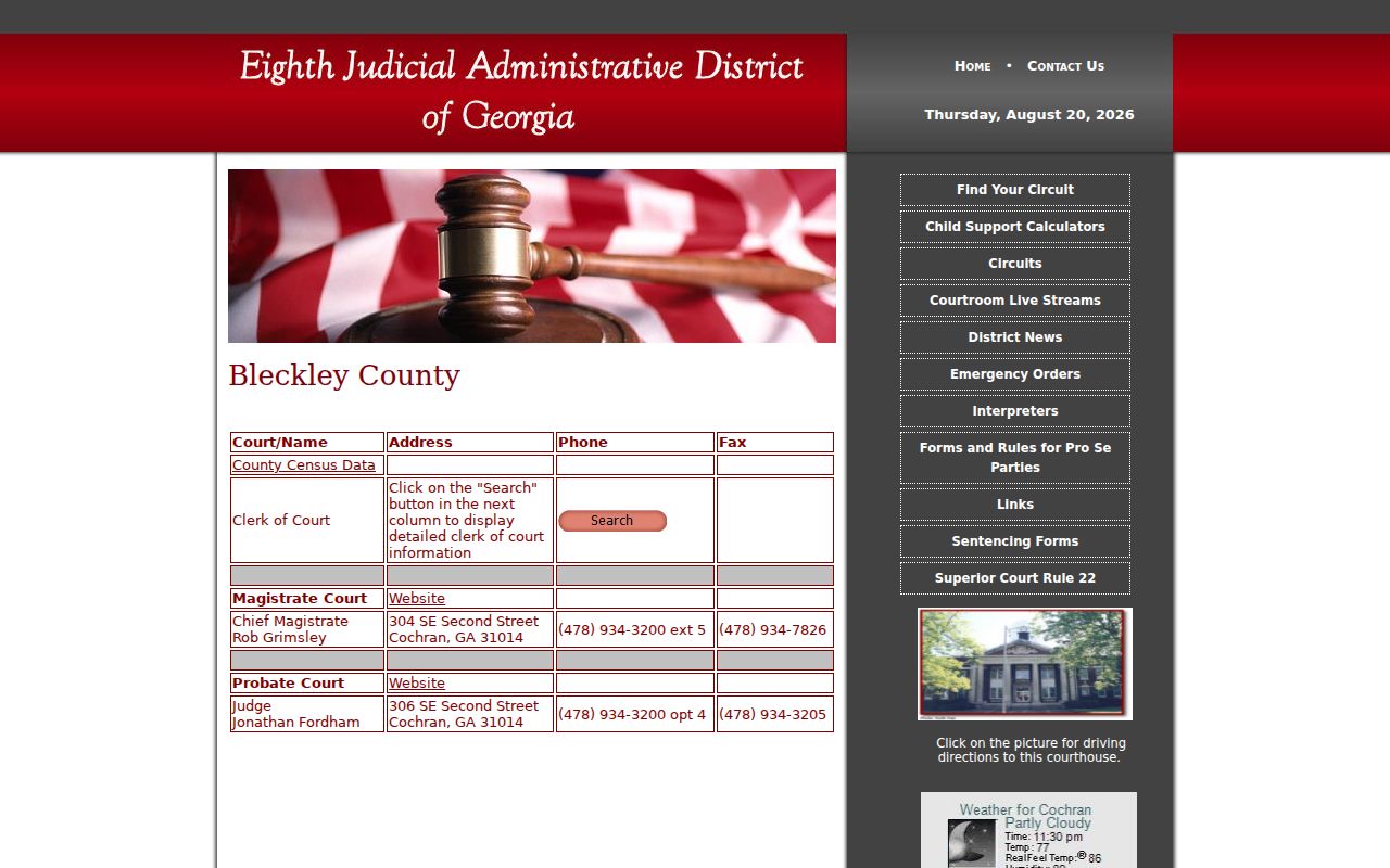 Bleckley County court docket offices for Magistrate and Probate records